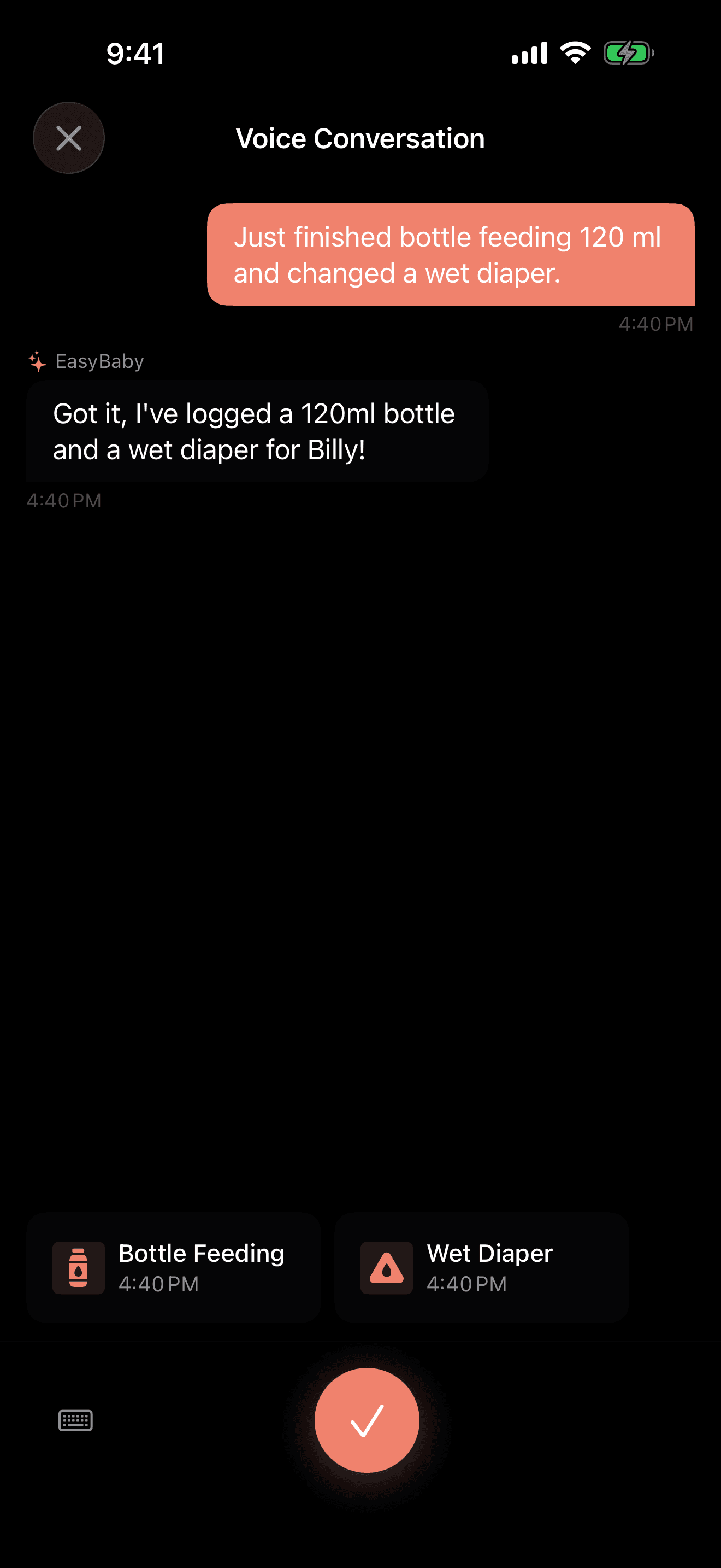 EasyBaby voice conversation with logged bottle feeding and wet diaper
